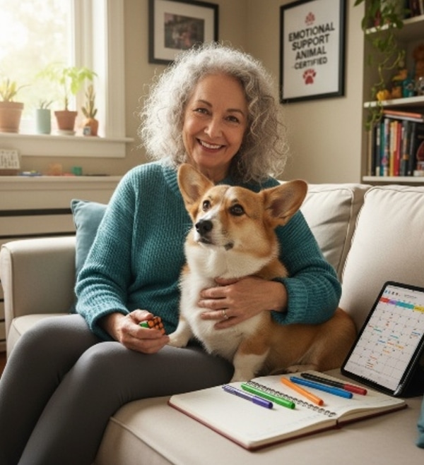 An image of a woman sitting with her dog.