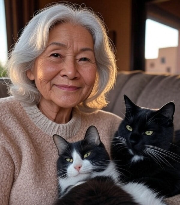 An image of a woman and two cats.