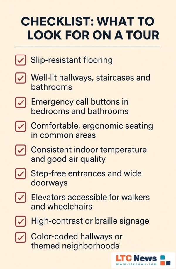 An infographic explaining what to look for in a long-term care facility.