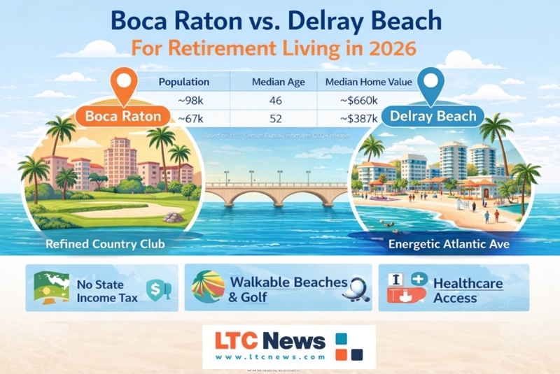 An infographic comparing Boca Raton to Delray Beach. Two of Florida's top retirement destinations.