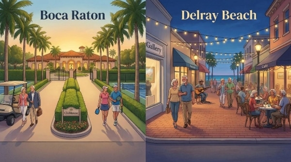 A side by side illustration of life in Boca Raton vs Delray Beach.