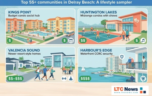 An infographic comparing the best 55+ retirement communities in Delray Beach.