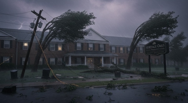 A digital image/illustration of a facility during a storm.