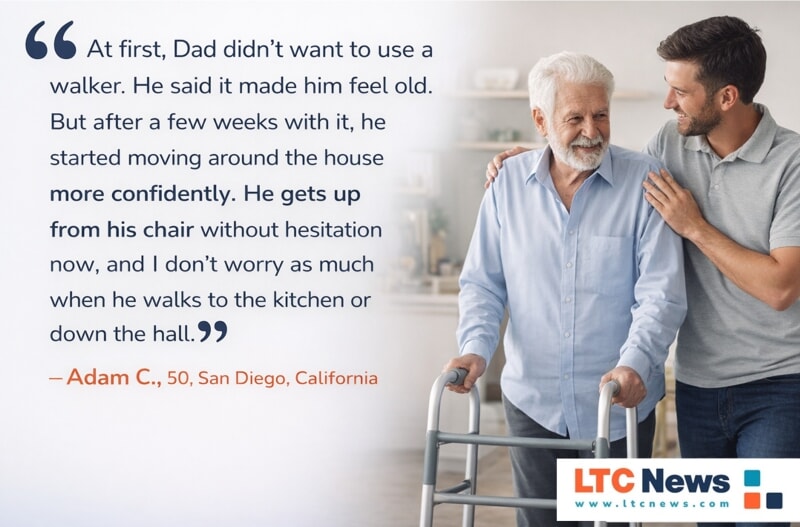 Quote about long-term care with an image of a man with a walker.