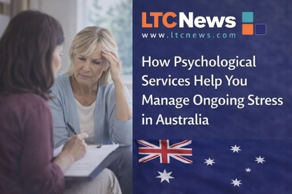 An image of an older woman, with text across the image saying, "How psychological services help you manage ongoing stress in Australia."