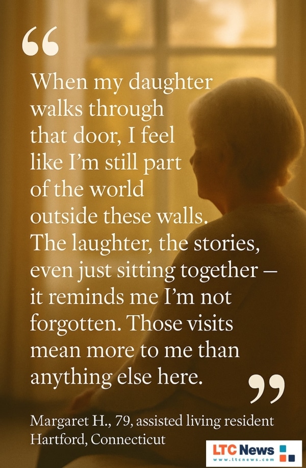 A quote from an assisted living resident who enjoys visits from her loved one.