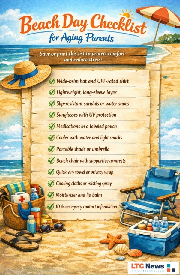A beach day checklist infographic for planning trips with older adults.