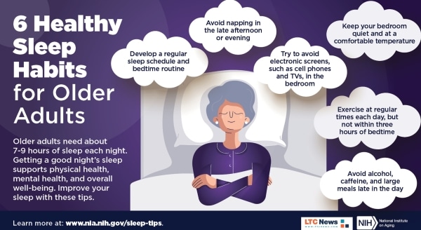 An infographic explaining healthy sleeping habits for older adults.