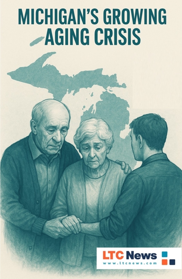 A digital illustration of an elderly couple with the words, "Michigan's Growing Aging Crisis" written above.