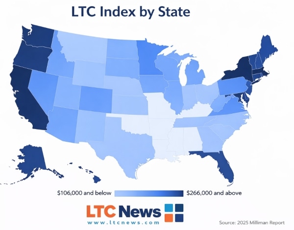 A map of the united states showing how much care costs in each state. Provides a visual of which states are most expensive and most affordable.