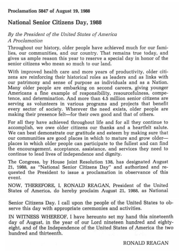 A declaration of National Senior Citizens Day from Ronald Reagan.