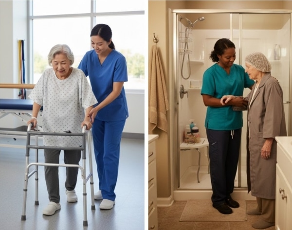 An image of caregivers helping elderly individuals.