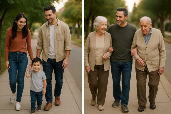 Two pictures of the same family; once when they're young and once when they're old.