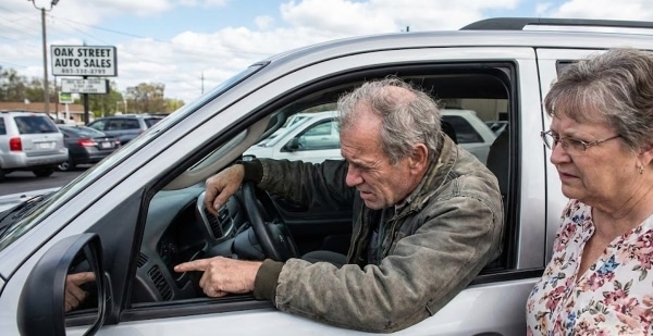 An older man in a car pointing at something. An older woman by his side outside the car.