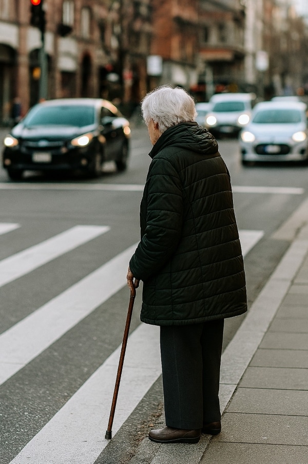 A photograph of a senior waiting at a crosswalk.