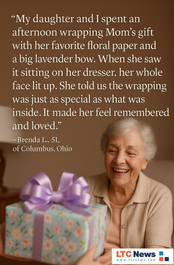 An image of a senior receiving a gift with an anecdote overlayed. 