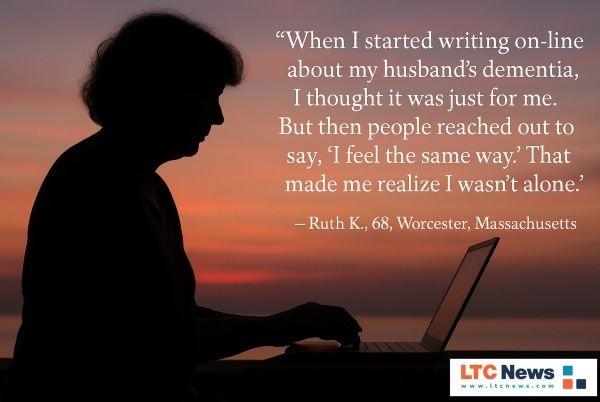 Infographic and quote about a family caregiver who started writing about dementia.