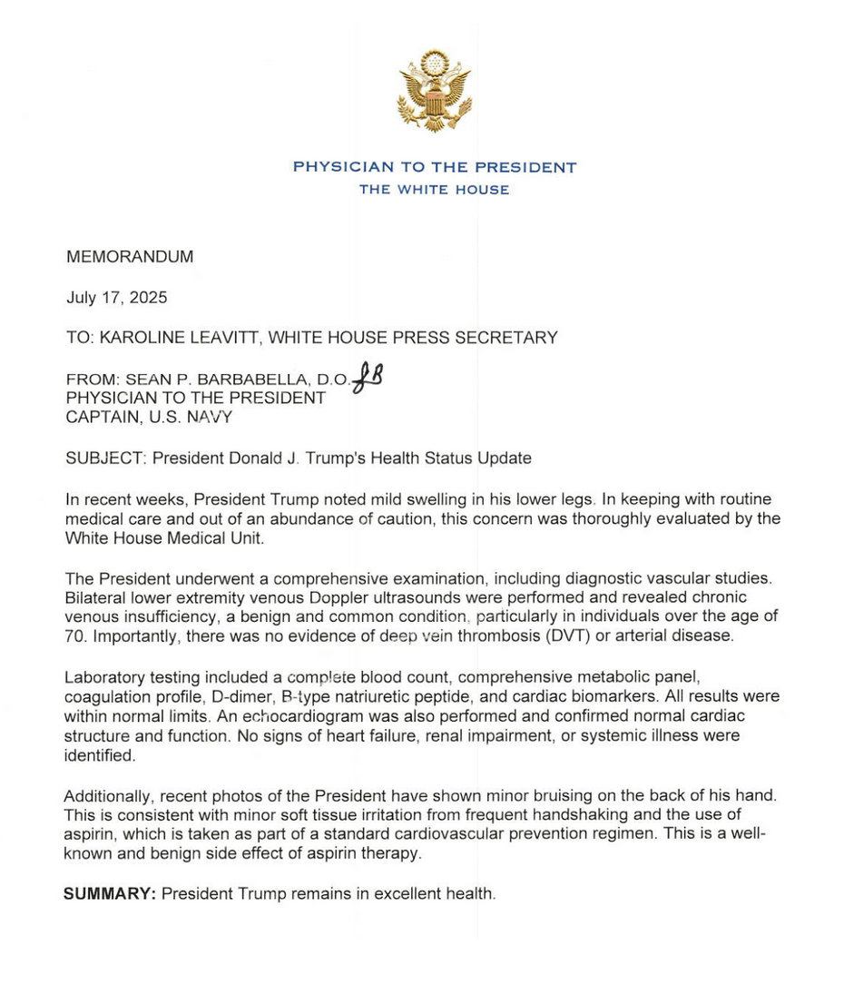 letter written from the White House in response to Trump's vein condition