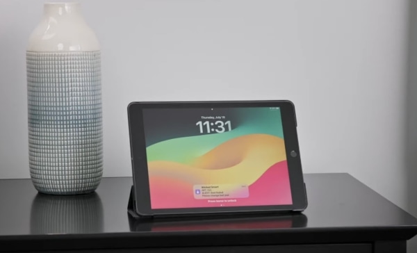 A photo of an ipad on a table.