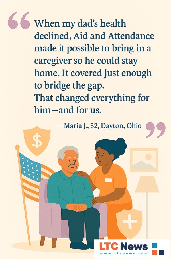 A digital illustration of an elderly veteran with an anecdote about the benefits of Aid and Attendance.
