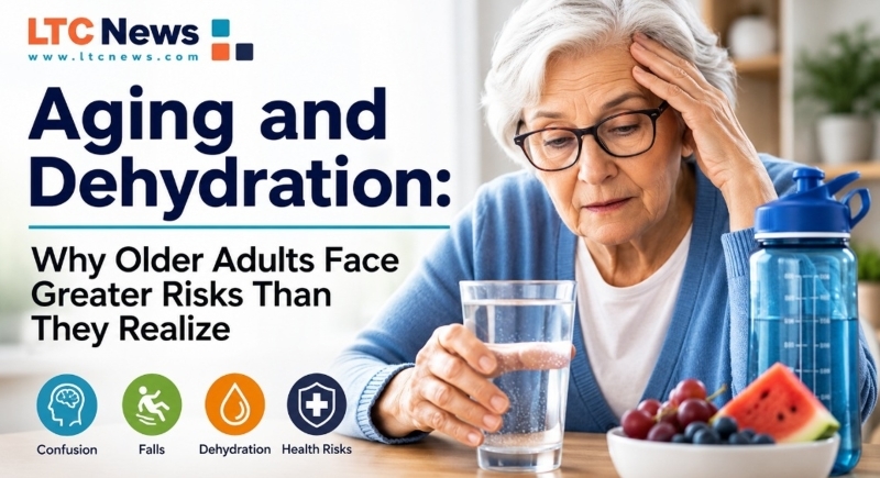 Image of a woman looking at a glass of water, with the text, "Why older adults face greater risks than they realize."