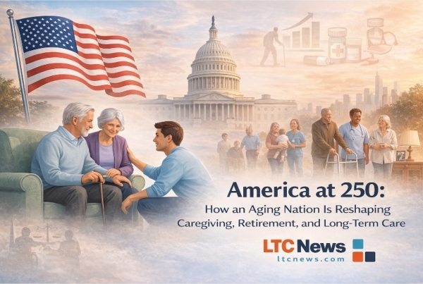 A digital image of a younger man helping an older couple with the cycle of life demonstrated in the background. 