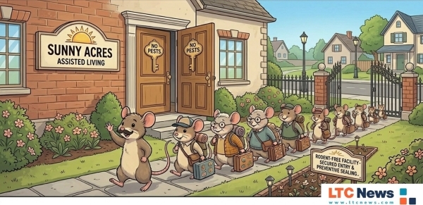 A digital illustration of rodents going to an assisted living facility.