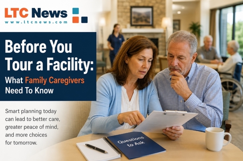 An image of two people researching a long-term care facility before touring it.