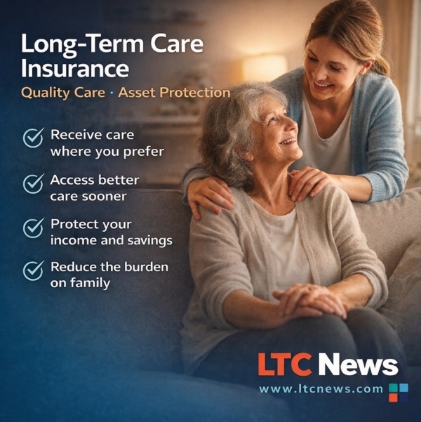 An infographic about how Long-Term Care Insurance can help with an image of an older woman being helped by a caregiver.