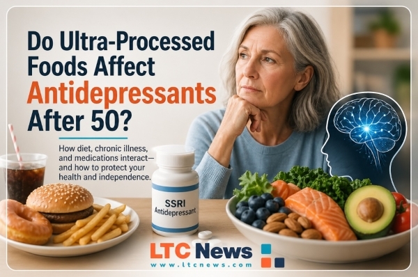 An image of a woman looking into the distance with the text, "Do ultra-processed foods affect antidepressants after 50?"