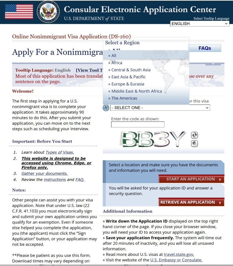 A screenshot of the nonimmigrant visa application for the U.S.