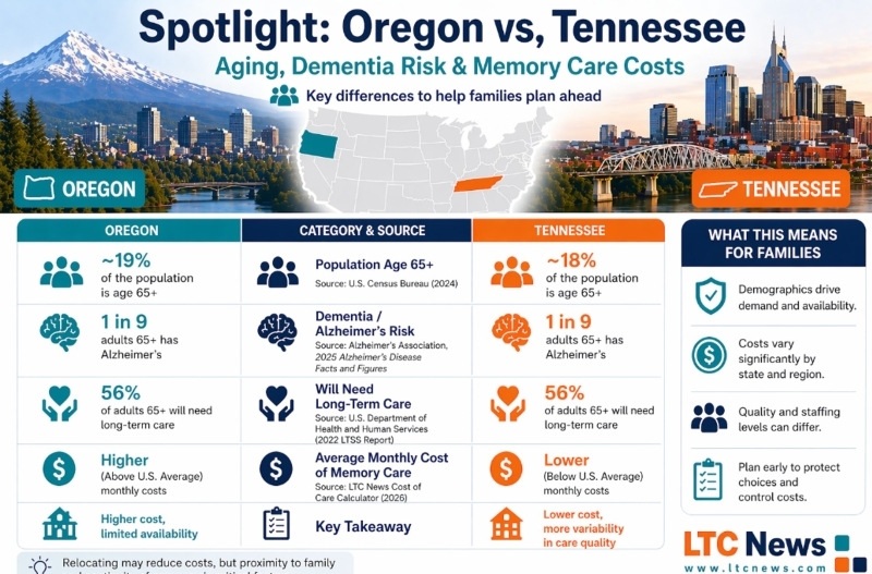 An infographic comparing memory care in Oregon vs Tennessee.