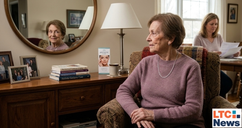 An image of an elderly woman looking at her reflection in the mirror.