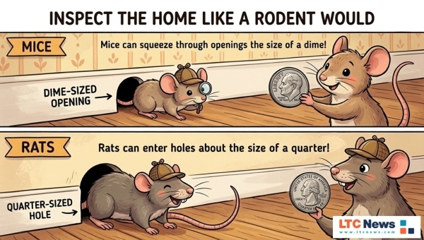 A digital illustration of how to look for mice and rat holes.