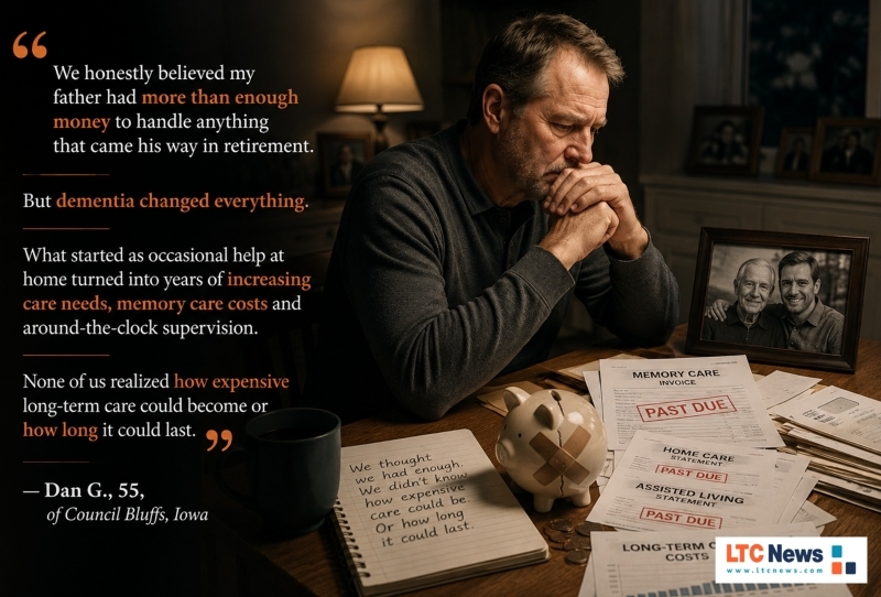A quote from Dan G. about his experience caring for his father with dementia. Image of a man with lots of bills past due.