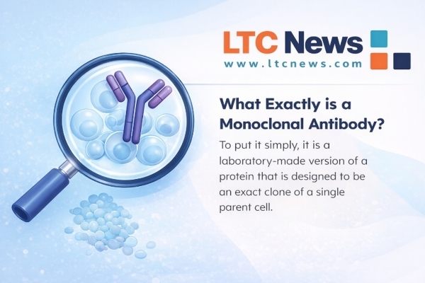 A digital illustration of a magnifying glass looking at a monoclonal antibody.