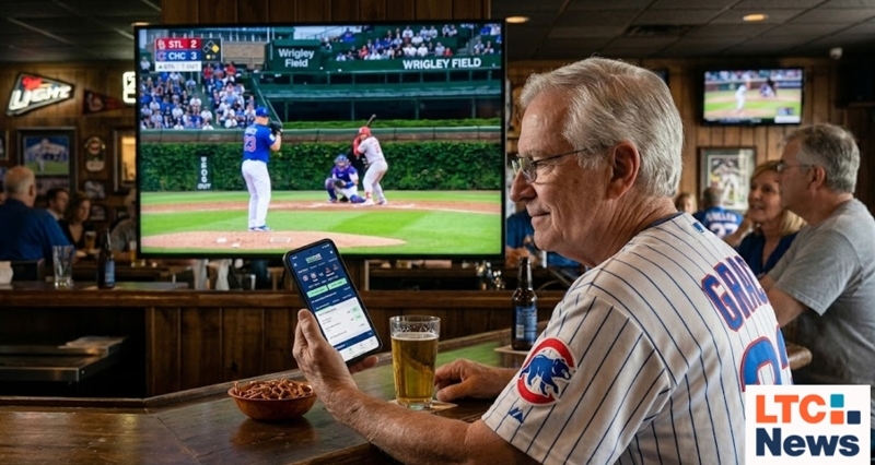 An image of a man in a bar betting on a sports game.
