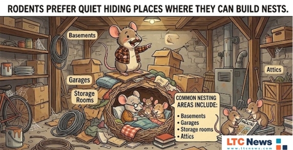 A digital illustration explaining what cluttered areas rodents like to live in.