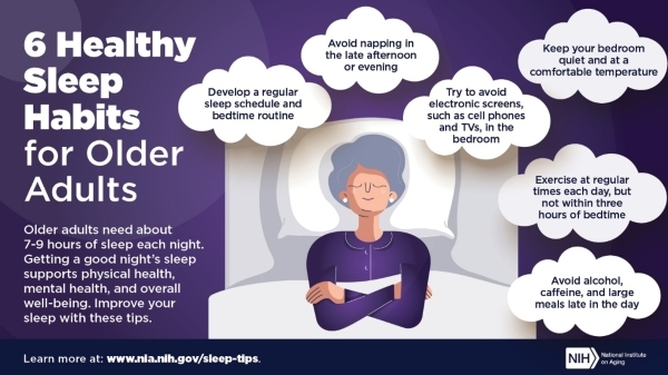 An infographic explaining health sleep habits for older adults. 