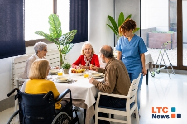 An image showing a dinner table of a care home residents with a staff member helping.